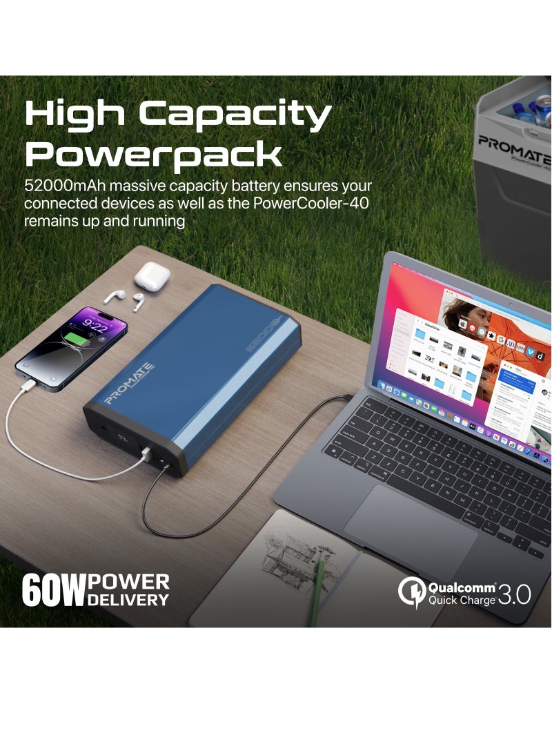 PROMATE - Promate Portable Mini Fridge, -20 C to 20 C Ice-Free Cooler with 52000mAh Multi-Port Power Bank, 2W LED Torch, 40L Capacity, 36H Cooling and 3-Way Recharging for Outdoor, Camping - Image 1