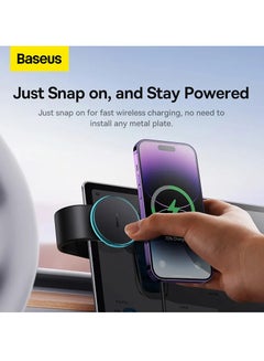 بيسوس C02 Pro حامل هاتف لاسلكي مغناطيسي بقدرة 15 وات، حامل هاتف Magsafe للسيارة، شاحن لاسلكي، ذاكرة قابلة للانحناء، سبائك التيتانيوم لجميع لوحات القيادة، الزجاج الأمامي أسود  - Image 5
