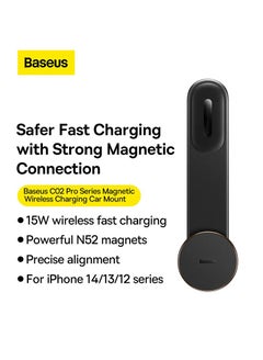 بيسوس C02 Pro حامل هاتف لاسلكي مغناطيسي بقدرة 15 وات، حامل هاتف Magsafe للسيارة، شاحن لاسلكي، ذاكرة قابلة للانحناء، سبائك التيتانيوم لجميع لوحات القيادة، الزجاج الأمامي أسود  - Image 2