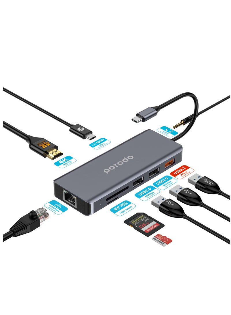 بورودو 9 In1 USB-C Hub Type-C PD 100W HDMI إيثرنت USB بطاقة SD 3.5 مم Aux - Image 1