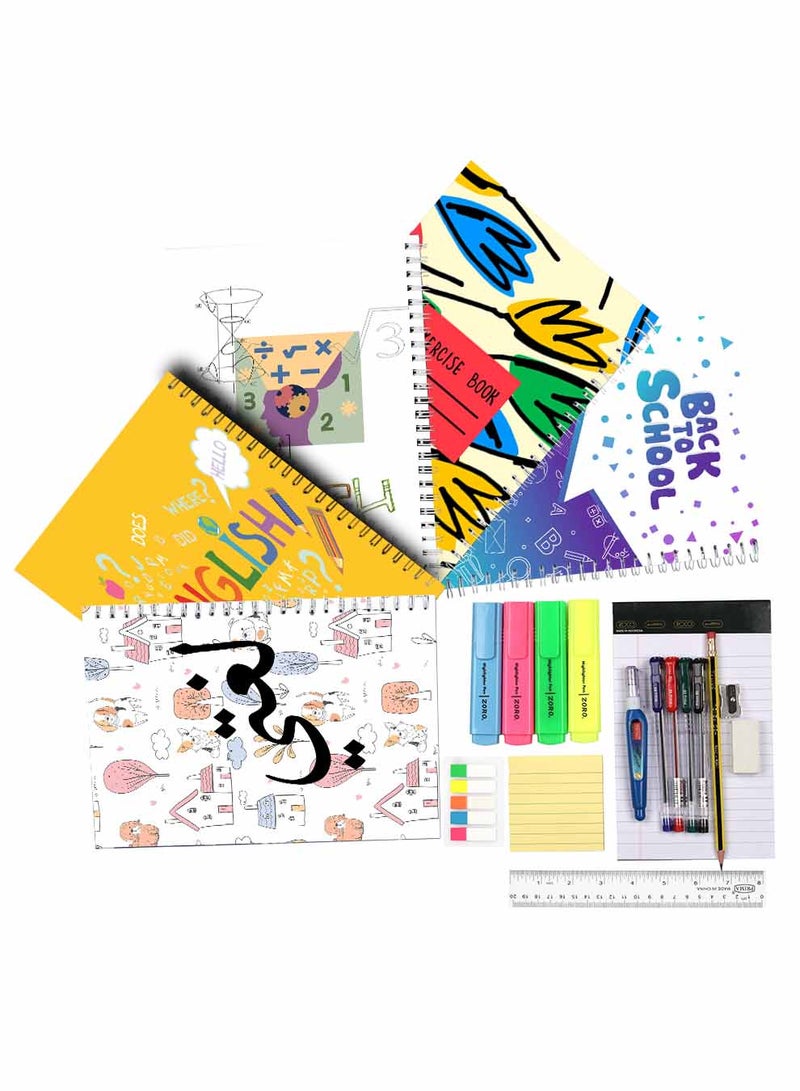 لوحة مجموعة من 5 دفاتر ملاحظات للمدرسة، 60 ورقة مع أغلفة ورقية صلبة للغة العربية، الإنجليزية، الرياضيات مع مجموعة من مستلزمات المدرسة بألوان متعددة - Image 2