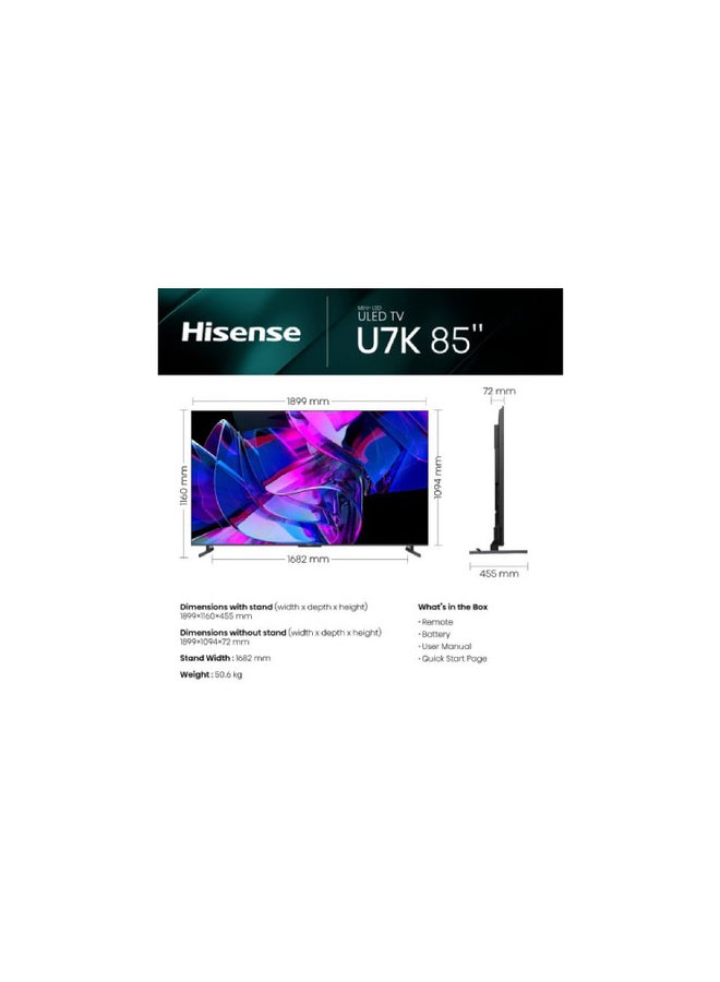 هايسنس تلفزيون جوجل الذكي 85 بوصة U7 LED ULED 4K UHD (85U7K، موديل 2023) - QLED، 144 هرتز، Dolby Vision IQ، وضع الألعاب الاحترافي، متوافق مع Alexa 85U7K أسود  - Image 2
