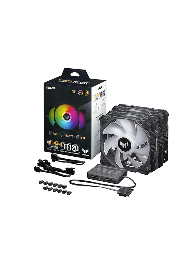 ASUS - Tuf Gaming TF120 ARGB Case Fan, Aura Sync Compatibility, 12cm Fan Diameter, 1900RPM Max Rotation Speed, 76 cfm Max Airflow, 29 dB Noise Level, Black Edition, Triple Pack Grey - Image 1