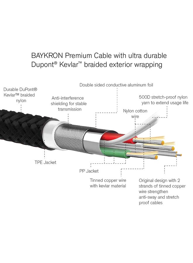 Baykron Premium USB-A To Lightning Cable MFI Certified Charge And Sync With Ultra Durable Bullet-Proof Aramid Fiber Exterior 1.2M Black - Image 5