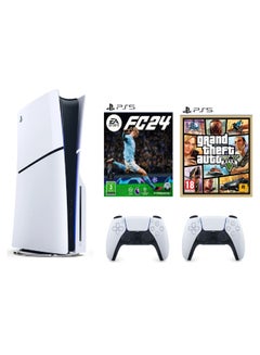 سوني وحدة تحكم قرصية رفيعة لجهاز بلاي ستيشن 5 مع وحدة تحكم إضافية، لعبة Grand Theft Auto V (إصدار Intel) وإصدار EA FC 24 للمملكة العربية السعودية  - Image 1
