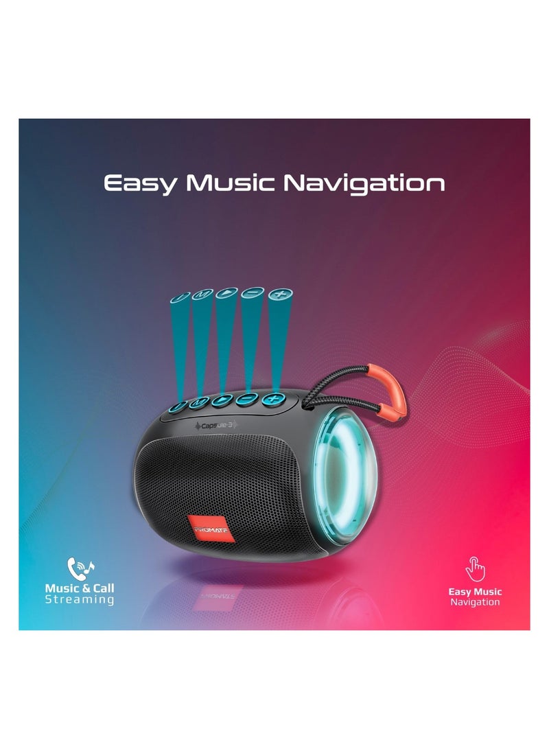 PROMATE Bluetooth Speaker, Premium 5W True Wireless Portable HD Speaker With LED Lights, Bluetooth v5.3, Long Playtime, 3.5Mm AUX, USB Port And TF Card Slot For iPhone 15, iPad Air, Galaxy S23, Capsule-3 Black  - Image 4