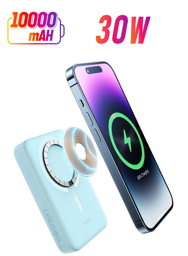 Baseus 10000 mAh Magnetic Mini Wireless Portable Magsafe Power Bank, PD 30W Fast Charger With USB-C Cable For iPhone 15/15 Plus/ 15 Pro/ 15 Pro Max All iPhone Series And Any Many More Blue  - Image 1
