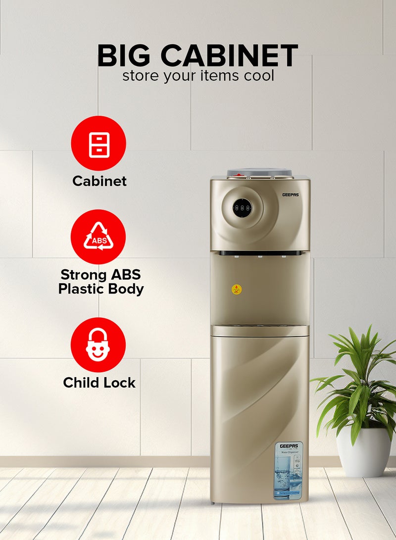 GEEPAS Hot & Cold Water Dispenser With Cabinet, Stainless Steel Water Tank, Normal, Hot & Cold Function, Child Safety Lock, SUS304 Stainless Pipe, Childproof Tap Design, Low Noise Design GWD17028 Golden  - Image 3