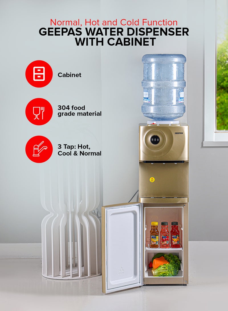 GEEPAS Hot & Cold Water Dispenser With Cabinet, Stainless Steel Water Tank, Normal, Hot & Cold Function, Child Safety Lock, SUS304 Stainless Pipe, Childproof Tap Design, Low Noise Design GWD17028 Golden  - Image 2