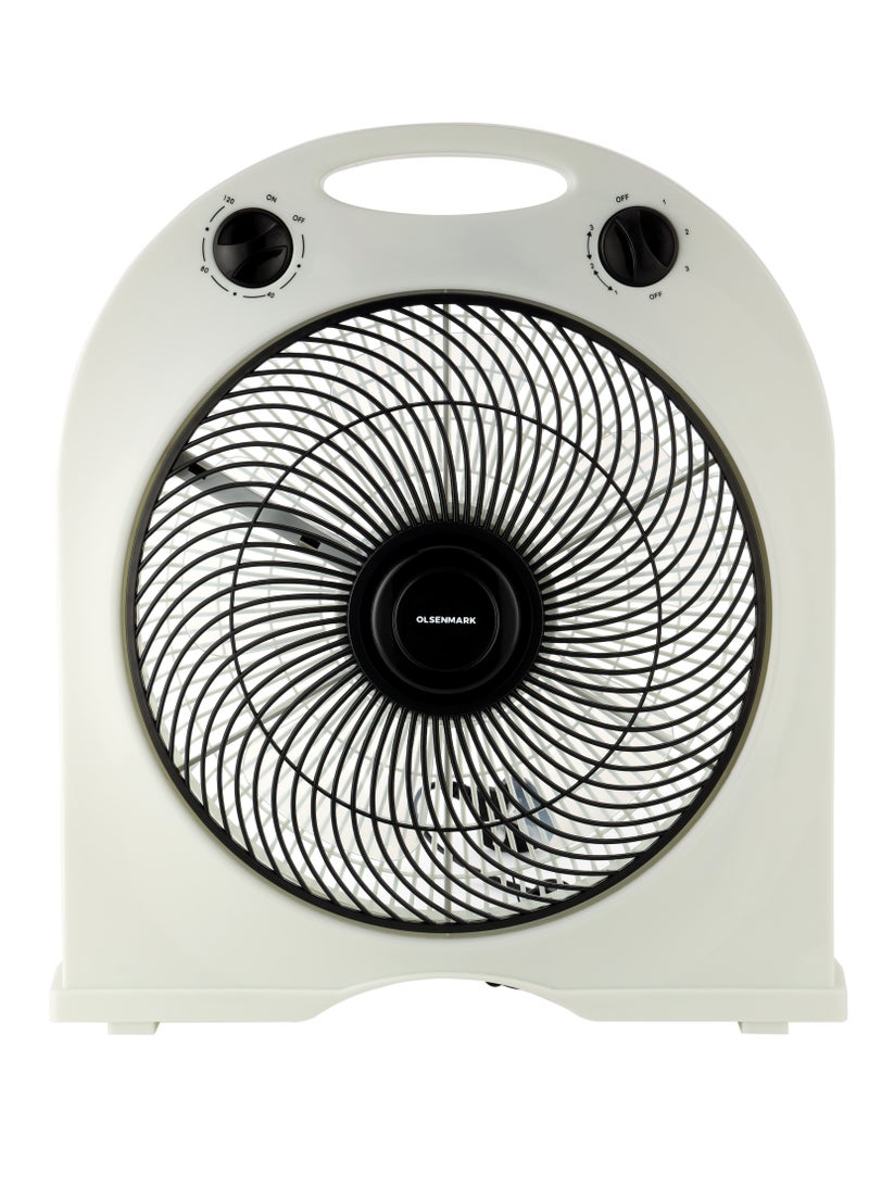 Olsenmark 12" Box Fan, 3 Speed Controls and 5 Leaf Blades, 120 Minute Timer and 360 Degree Rotating Grill, 2 Years Warranty OMF1855 White - Image 1