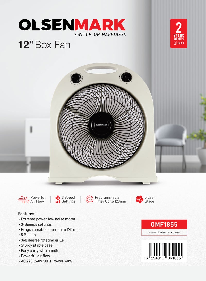 Olsenmark 12" Box Fan, 3 Speed Controls and 5 Leaf Blades, 120 Minute Timer and 360 Degree Rotating Grill, 2 Years Warranty OMF1855 White - Image 2