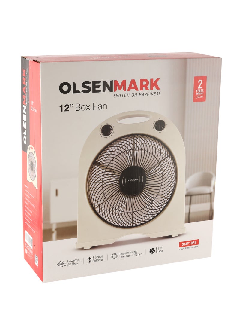 Olsenmark 12" Box Fan, 3 Speed Controls and 5 Leaf Blades, 120 Minute Timer and 360 Degree Rotating Grill, 2 Years Warranty OMF1855 White - Image 3