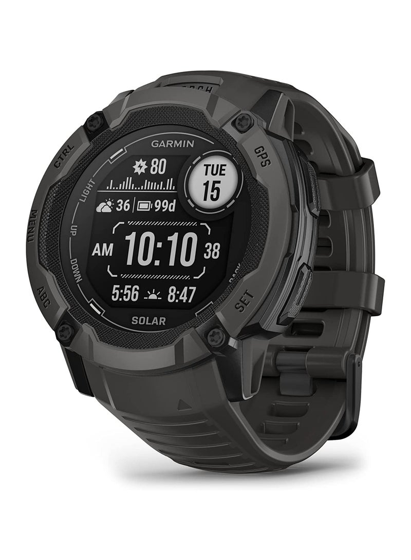 GARMIN Instinct 2X Solar - 50MM - 40 Days Battery Life In Smartwatch Mode - 1.1"inch Monochrome Display with Tough Body, Scratch Resistant, Power Glassâ, Heart Rate Monitor, All Day Stress Monitor, Built-in Sports Apps, Super Bright LED Flashlight, iOS and Android Compatible Graphite Graphite - Image 1