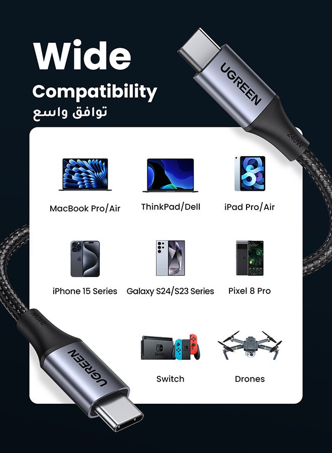 Ugreen - 240W USB C Cable 2M Braided 48V 5A Power Delivery PD3.1 Fast Charge USB Type C Cable For iPhone 16 15 Series Macbook Pro Air M3 M2 M1 iPad Pro Dell XPS Galaxy S24 S23 Ultra Xiaomi Huawei Lenovo Asus Space Grey - Image 1