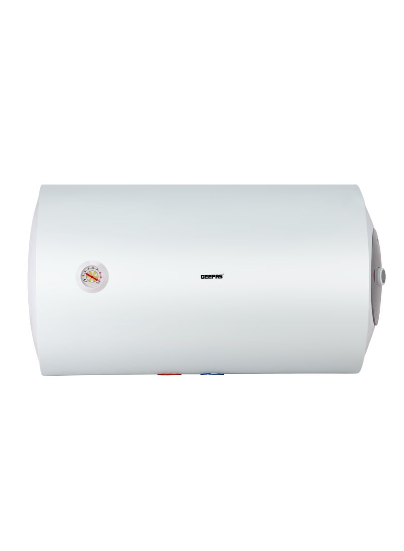 GEEPAS Electric Storage Water Heater, 100L Horizontal, Pre Coated Metal Body, Manual Control Knob, Inner Tank- Italian Powder Coated glass lined tank , Polyurethane Insulation, Magnesium Anode White  - Image 1