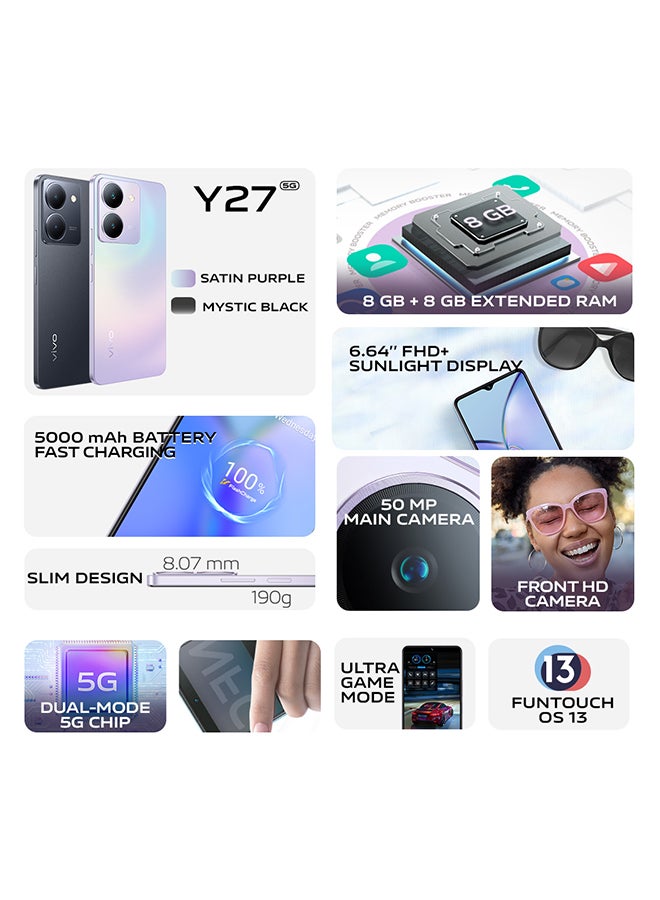 vivo - Y27 5G Dual SIM Satin Purple 8GB RAM 256GB 5000mAH, NFC With Wired Earphones And Phone Holder - Middle East Version - Image 1