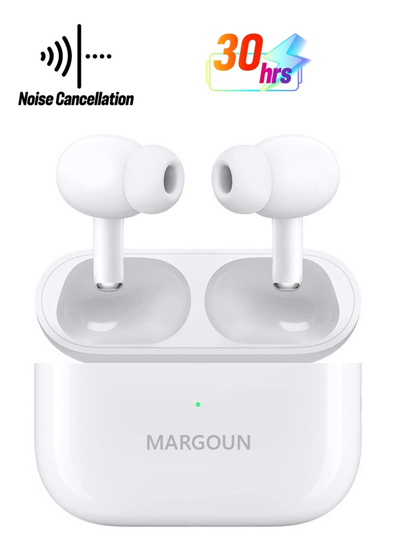 MARGOUN - Wireless Bluetooth Headphones In Ear Light-Weight Headphones Built-In Microphone With Touch Control Noise Cancelling Charging Case White - Image 1