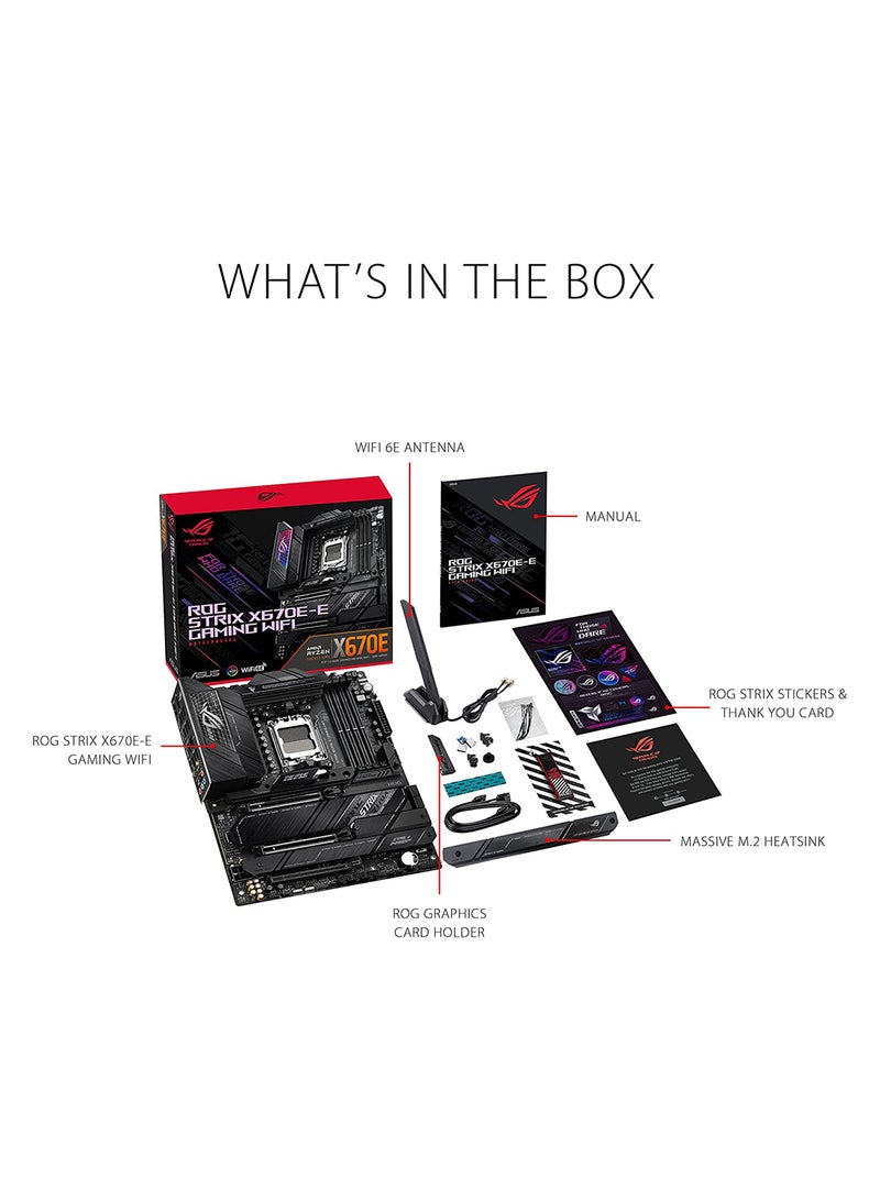 ROG STRIX X670E-E GAMING WIFI ATX Motherboard, AMD X670 Chipset, AM5 Socket, Intel 2.5 Gb Ethernet, 4xDual Channel DDR5-6400, 128GB Max Memory, 4xSATA 6Gb/s, PCIe 5.0, HDMI/DP | 90MB1BR0-M0EAY0 Black