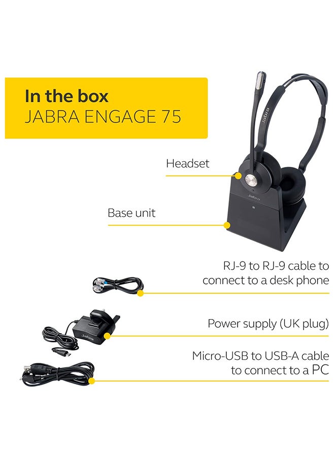Jabra - Engage 75 On-Ear DECT Stereo Headset - Skype For Business Certified Wireless Headphones with Advanced Noise Cancellation for Deskphones and Softphones – UK Version Black - Image 1