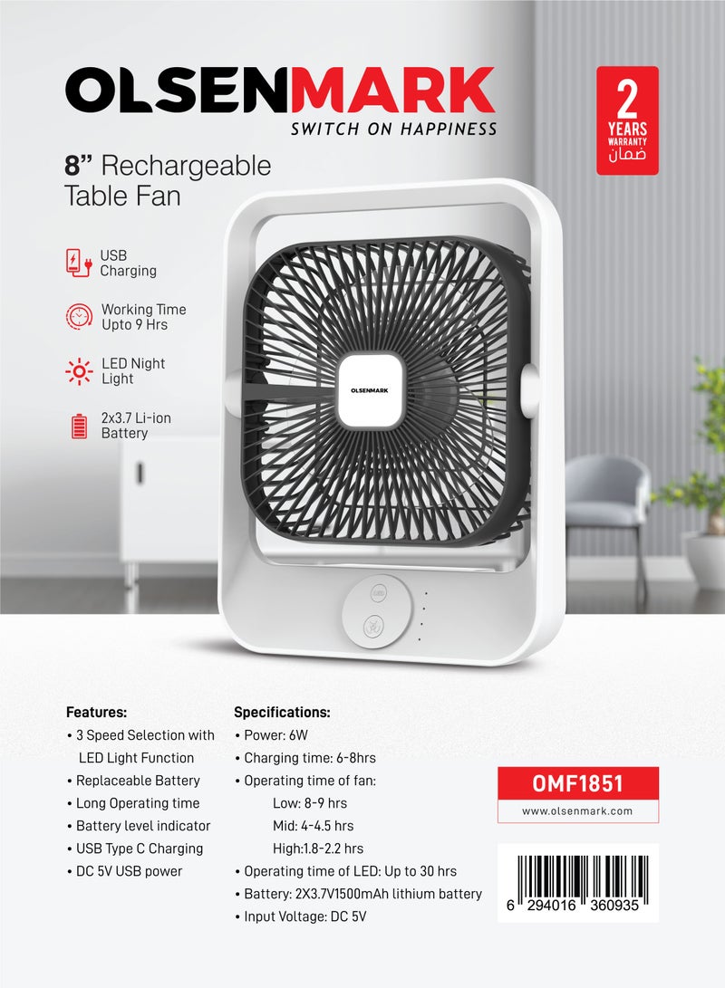Olsenmark - 8" Rechargeable Table Fan, Working Time up to 9 Hours, 3 Speed Controls, High Performance Battery for High Speed Wind, 2 Years Warranty OMF1851 White & Black - Image 1