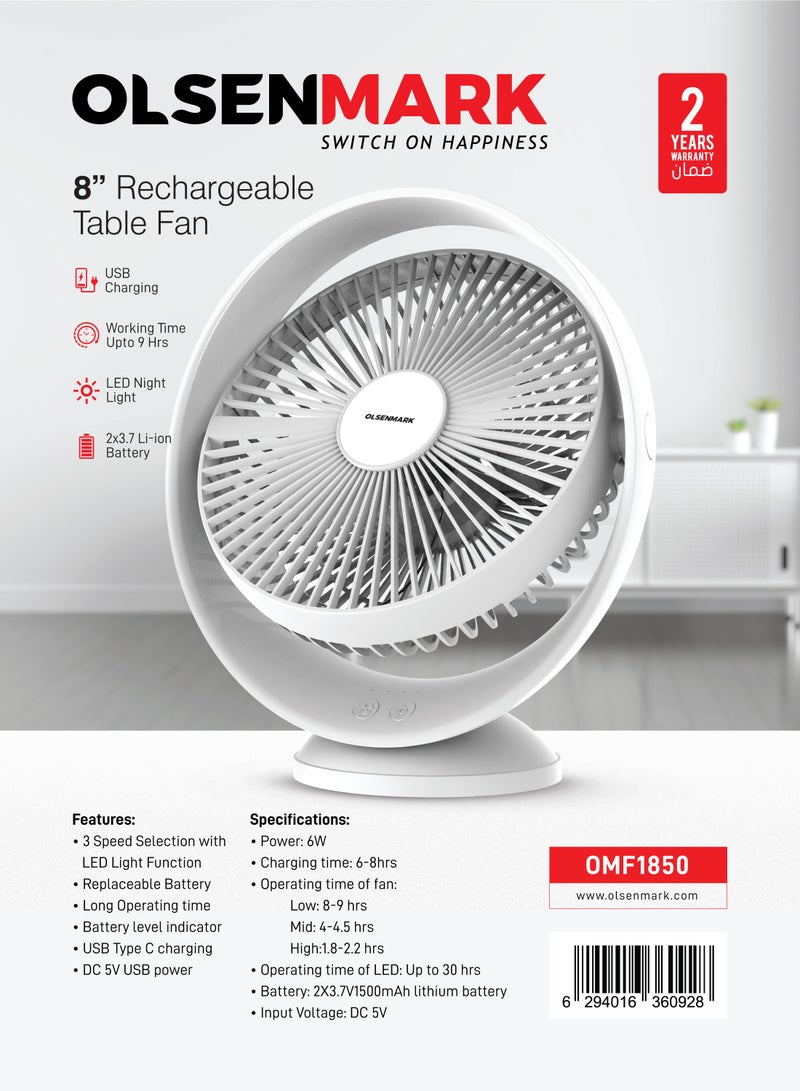 Olsenmark - 8" Rechargeable Table Fan, Working Time up to 9 Hours, 3 Speed Controls, High Performance Battery, 2 Years Warranty OMF1850 White - Image 1