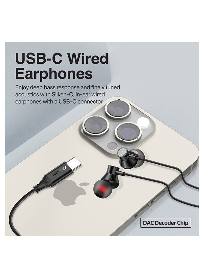 PROMATE - Earphones With USB-C Connector, Ergonomic In-Ear USB-C HD Wired Earbuds With Microphone, Call Function, Anti-Tangle Wire And In-Line Volume Control For iPhone 15, iPad Air, Galaxy S23, Silken-C Black - Image 1