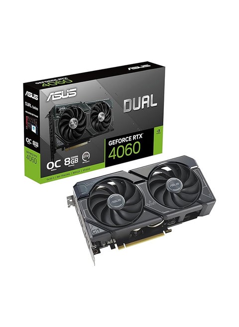 Dual GeForce RTX 4060 EVO OC Graphics Card, 8GB GDDR6 128-bit Memory, 2535 MHz OC Boost Clock, 17 Gbps Memory Speed, PCI E 4.0, DisplayPort 1.4a / HDMI 2.1a | 90YV0JC7-M0NA00 Black