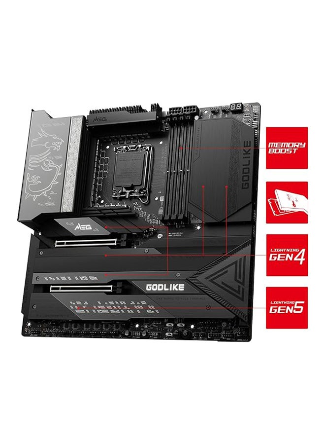 MSI - MEG Z790 GODLIKE Motherboard E-ATX - Supports Intel Core 12/13th Gen Processors, LGA 1700, DDR5 Boost (7800+MHz/OC), 2 x PCIe 5.0 x16, 1 x M.2 Gen5, 5 x M.2 Gen4, 2.5Gbps LAN, Wi-Fi 6E Black - Image 1