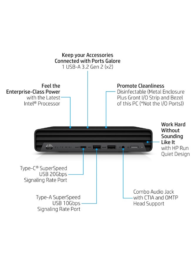 HP Elite Mini 800 G9 Desktop PC, Intel Core i7-13700 Processor, 16GB RAM, 512 GB M.2 SSD, Intel UHD Graphics 770, HP Wired Key Board + Mouse, Windows 11 Pro Black  - Image 4