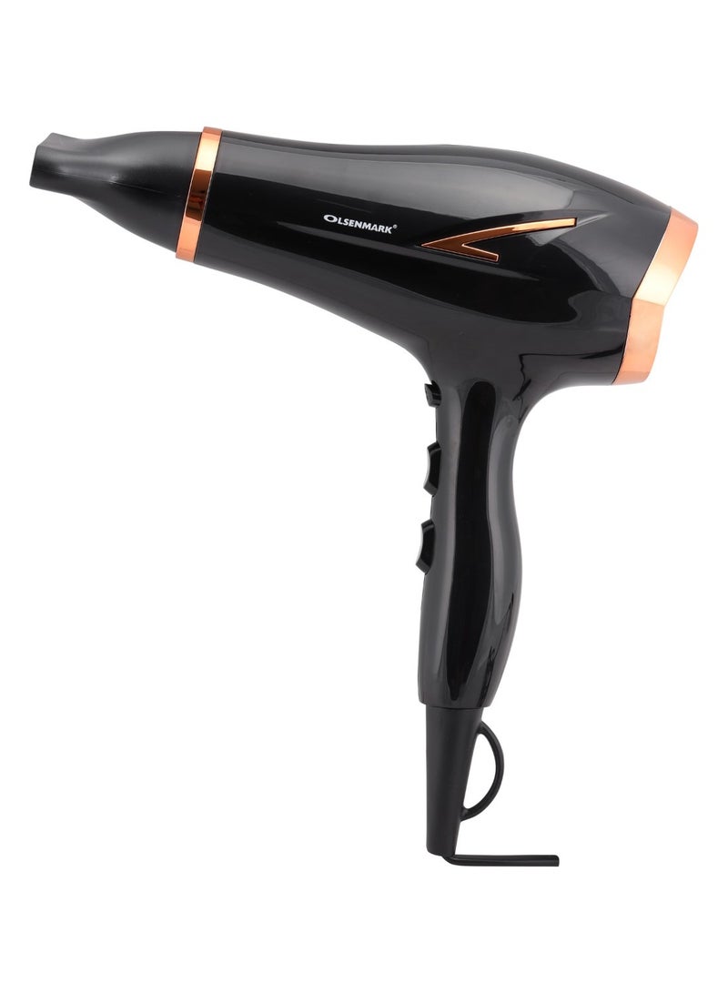 Olsenmark Professional Hair Dryer, 2100W - Cool Shot Function - Portable - Salon Style Frizz Free Hair - 2 Speed And 3 Temperature Settings - Hanging Loop Black 
