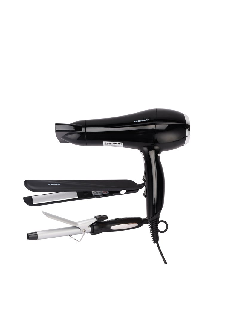 Olsenmark 3-in-1 Professional Hair Styling Kit- Omhc4096| Dryer, Straightener, Curler, 2 Speed and 3 Level Temperature Setting| Ceramic Plates and Clamps for Easy Curling| Perfect for Salon and at Hom Black  - Image 1