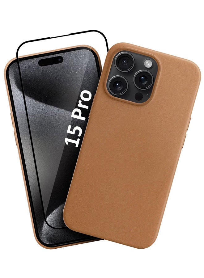 MARGOUN 2Packs Magsafe Leather Case and Screen Protector for Apple iPhone 15 Pro, Anti-Scratch Case Shockproof Drop Proof Protective Slim Case Brown - Image 1