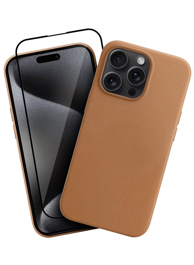 MARGOUN 2Packs Magsafe Leather Case and Screen Protector for Apple iPhone 15 Pro, Anti-Scratch Case Shockproof Drop Proof Protective Slim Case Brown - Image 2