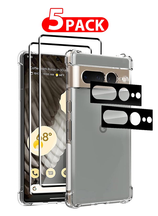 MARGOUN 5 Packs For Google Pixel 7 Pro TPU Case And 2 Screen Protectors, 2 Camera Lens Protectors Clear Anti-Yellowing Transparent Shockproof Case Scratch Resistant Reinforced Corners Cover Clear - Image 1