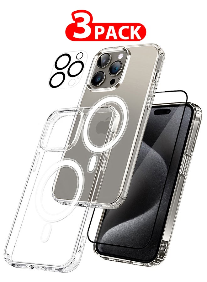 MARGOUN 3 Packs For iPhone 15 Pro Case And Screen Protector And Camera Lens Protector Transparent Case MagSafe Compatible With Built-In Magnets Ultra Durable With Military Grade Drop Protection Clear - Image 1