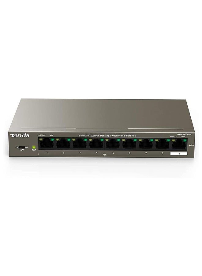 Tenda - TEF1109P-8-102W 9-Port 100Mbps Ethernet Network Switch With 8-Port PoE 102W, VLAN Port, 6kV Lightning Protection, Ethernet Splitter Works with IEEE 802.3af/at, Transmission Distance up to 250m Brown - Image 1
