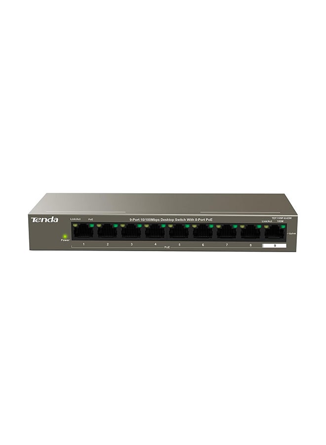 Tenda 9 Port 10/100 Mbps Fast Unmanaged Ethernet Network Switch with 8 PoE Ports@63W (TEF1109P) | Desktop | Plug & Play | Fanless Metal Design | Shielded Ports | Limited Lifetime Protection Brown  - Image 1