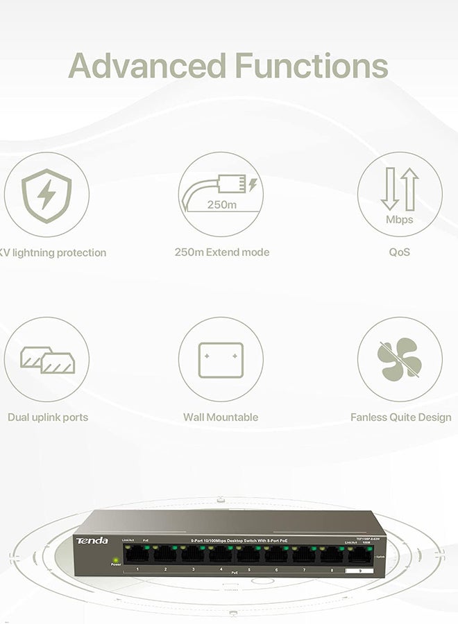 Tenda 9 Port 10/100 Mbps Fast Unmanaged Ethernet Network Switch with 8 PoE Ports@63W (TEF1109P) | Desktop | Plug & Play | Fanless Metal Design | Shielded Ports | Limited Lifetime Protection Brown  - Image 3