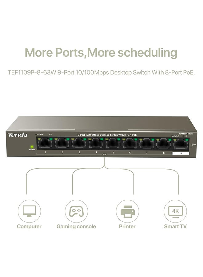 Tenda 9 Port 10/100 Mbps Fast Unmanaged Ethernet Network Switch with 8 PoE Ports@63W (TEF1109P) | Desktop | Plug & Play | Fanless Metal Design | Shielded Ports | Limited Lifetime Protection Brown  - Image 5