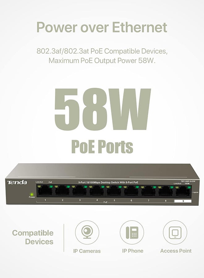 Tenda 9 Port 10/100 Mbps Fast Unmanaged Ethernet Network Switch with 8 PoE Ports@63W (TEF1109P) | Desktop | Plug & Play | Fanless Metal Design | Shielded Ports | Limited Lifetime Protection Brown  - Image 2