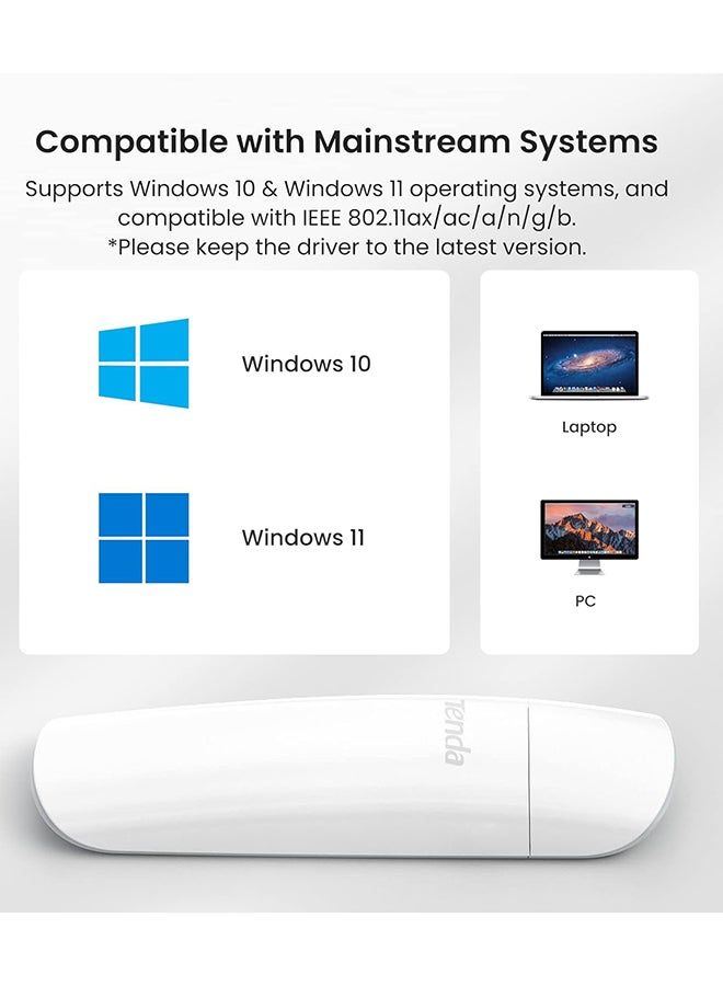 Tenda - AX1800 Wi-Fi 6 Dongle – USB 3.0 Wi-Fi Adapter – Dual Band MU-MIMO 1800Mbps for PC/Desktop/Laptop – Supports Windows 11 & 10 ONLY (U18) White - Image 1