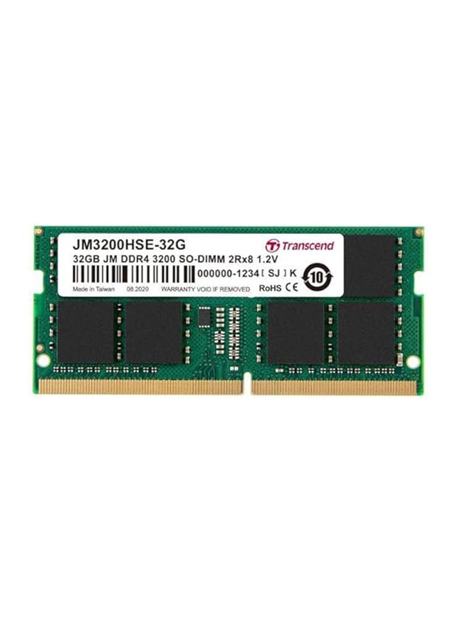 Transcend JetRAM 32GB DDR4 3200MHz SO-DIMM Laptop RAM, CL22, 1.2V, PC4-25600, 260-Pin, Non-ECC, Unbuffered, Dual Rank, Green PCB | JM3200HSE-32G  - Image 1