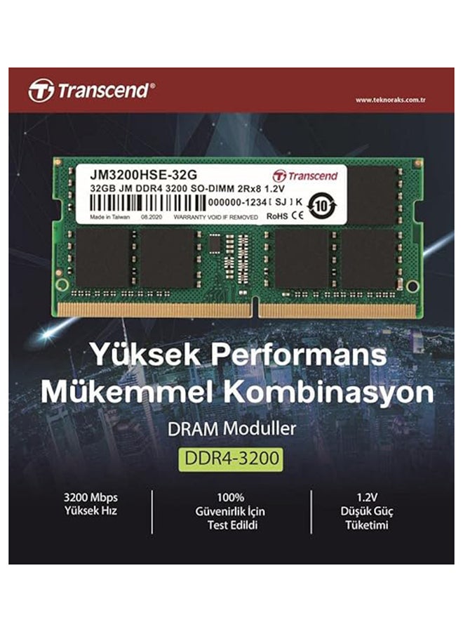 Transcend JetRAM 32GB DDR4 3200MHz SO-DIMM Laptop RAM, CL22, 1.2V, PC4-25600, 260-Pin, Non-ECC, Unbuffered, Dual Rank, Green PCB | JM3200HSE-32G  - Image 3