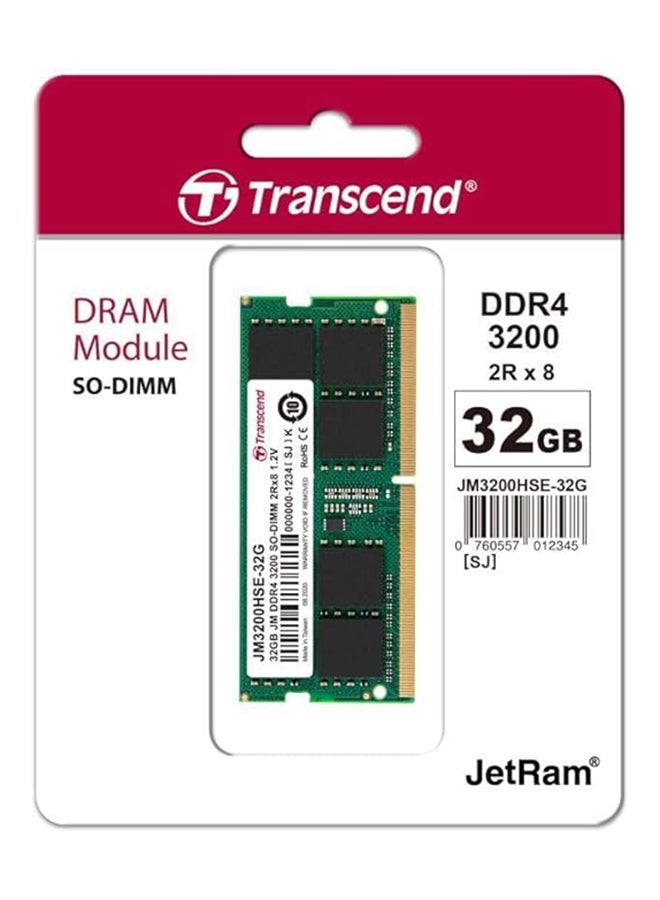 Transcend JetRAM 32GB DDR4 3200MHz SO-DIMM Laptop RAM, CL22, 1.2V, PC4-25600, 260-Pin, Non-ECC, Unbuffered, Dual Rank, Green PCB | JM3200HSE-32G  - Image 2