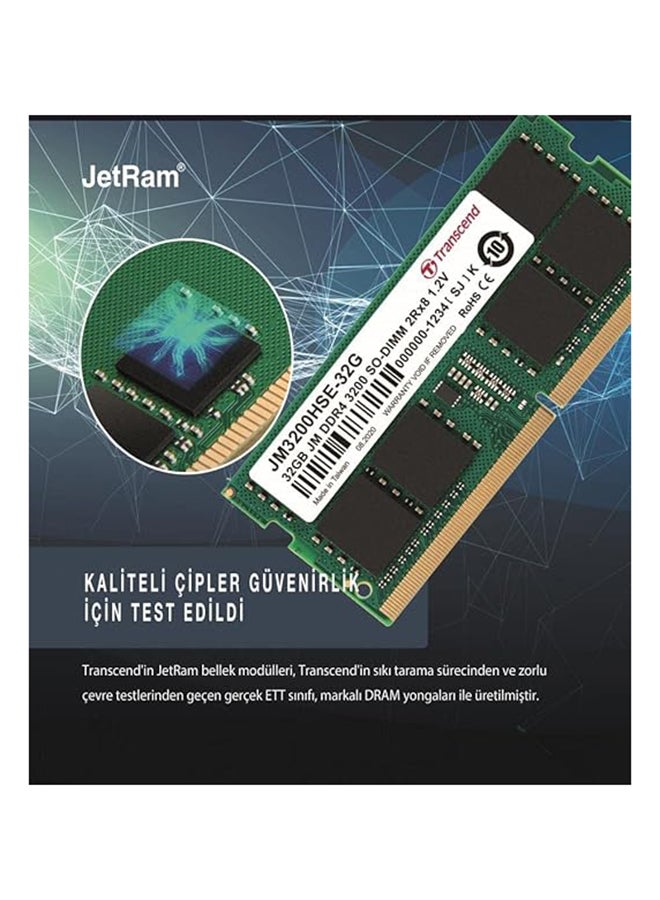 Transcend JetRAM 32GB DDR4 3200MHz SO-DIMM Laptop RAM, CL22, 1.2V, PC4-25600, 260-Pin, Non-ECC, Unbuffered, Dual Rank, Green PCB | JM3200HSE-32G  - Image 4