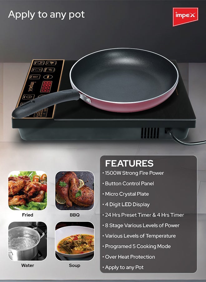 Impex - Infrared Induction Cooktop 1500W with 8 Power Levels, 5 Cooking Modes, 4-Digit LED Display, 24-Hour Preset Timer, Overheating Protection, Micro crystal plate and Universal Pot Compatibility IR 2701 A Black - Image 1
