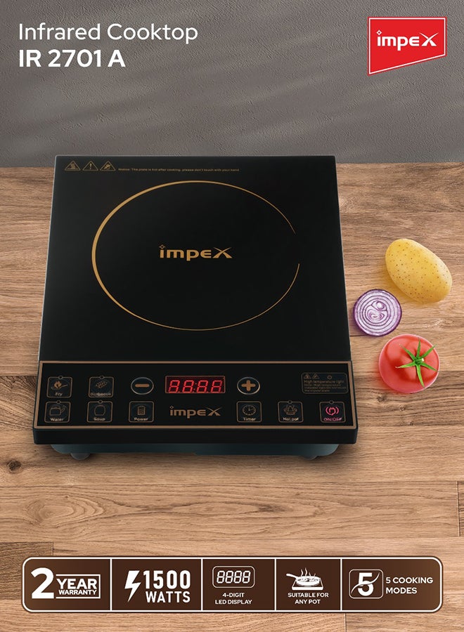 Impex Infrared Induction Cooktop 1500W with 8 Power Levels, 5 Cooking Modes, 4-Digit LED Display, 24-Hour Preset Timer, Overheating Protection, Micro crystal plate and Universal Pot Compatibility IR 2701 A Black - Image 2