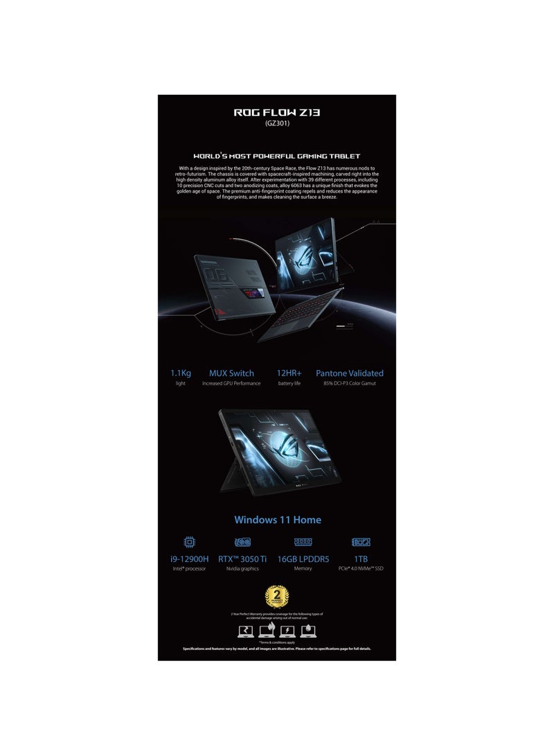 ASUS - ASUS ROG Flow Z13 GZ301ZE-LC180W Gaming Laptop 13.4-inch UHD+ 16:10 (3840 x 2400, WQUXGA) 60Hz Intel Ci9-12900H 16G RAM 1TB SSD Nvidia RTX 3050 Ti 4G Win 11 90NR07X1-M00HL0 English/Arabic Black - Image 1