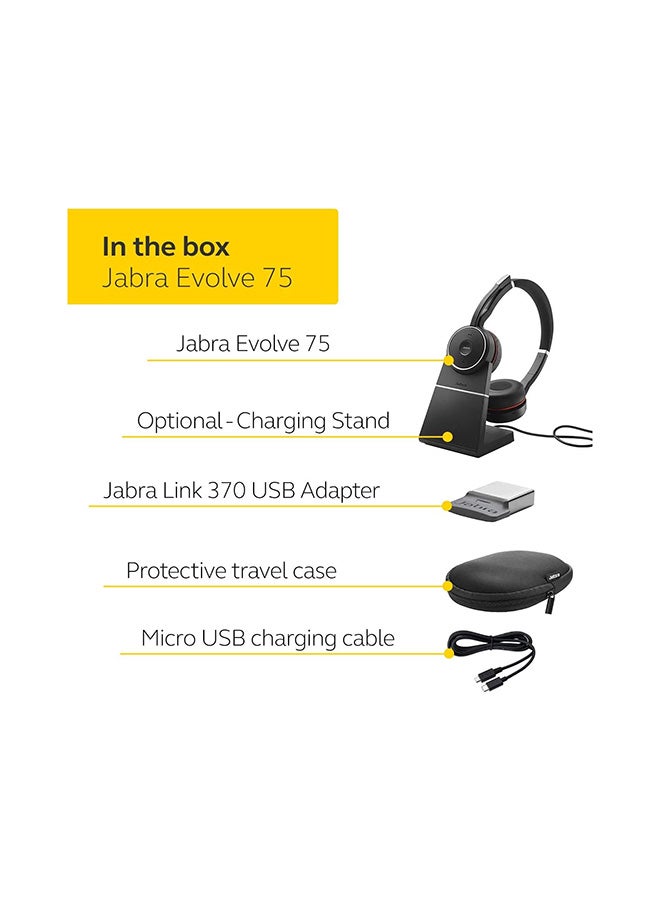 جابرا Evolve 75 MS Wireless Headset, Stereo – Includes Link 370 USB Adapter – Bluetooth Headset with World-Class Speakers, Active Noise-Cancelling Microphone, All Day Battery Black - Image 2