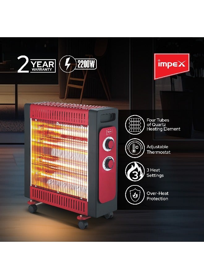 Impex - Quartz Tube Heater 4 Tubes 3 Heating Powers 550/1100/2200W, Over Heat Protection, Castor Base Easy To Move 2200 W HQ 81 Red/Black - Image 1